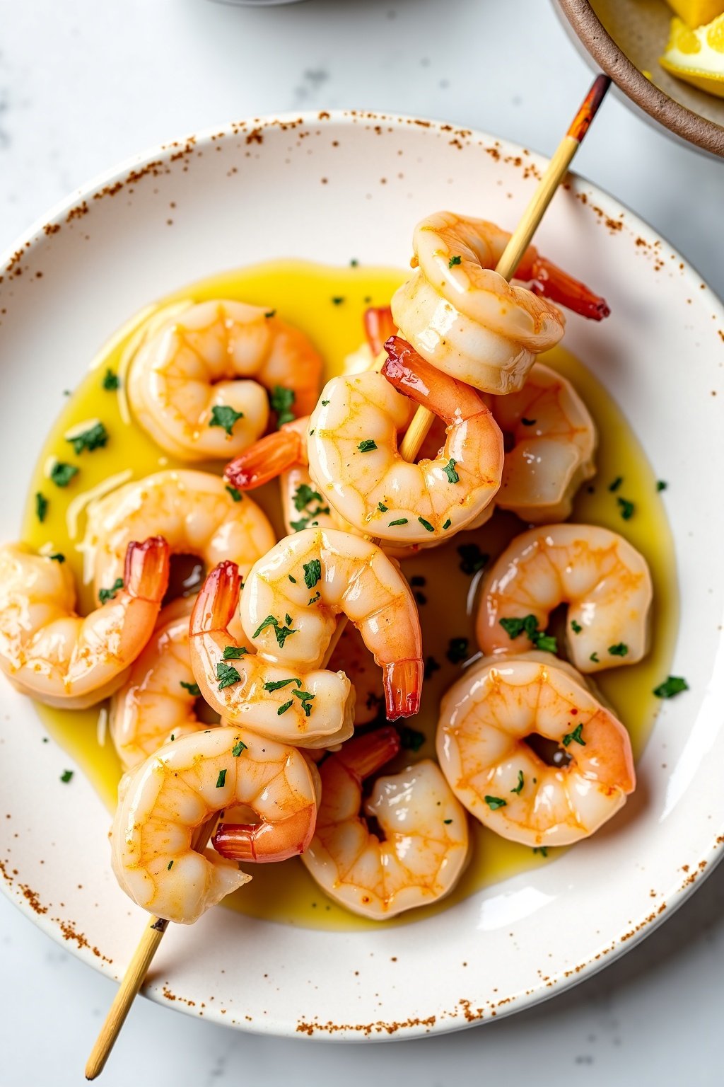 Lemon herb grilled shrimp skewers on ceramic dish, vibrant colors