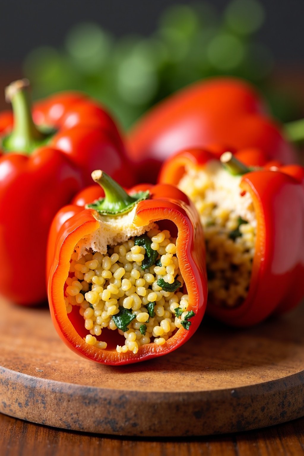 Mediterranean Couscous Stuffed Bell Peppers cross-section or sliced, max 125 chars.