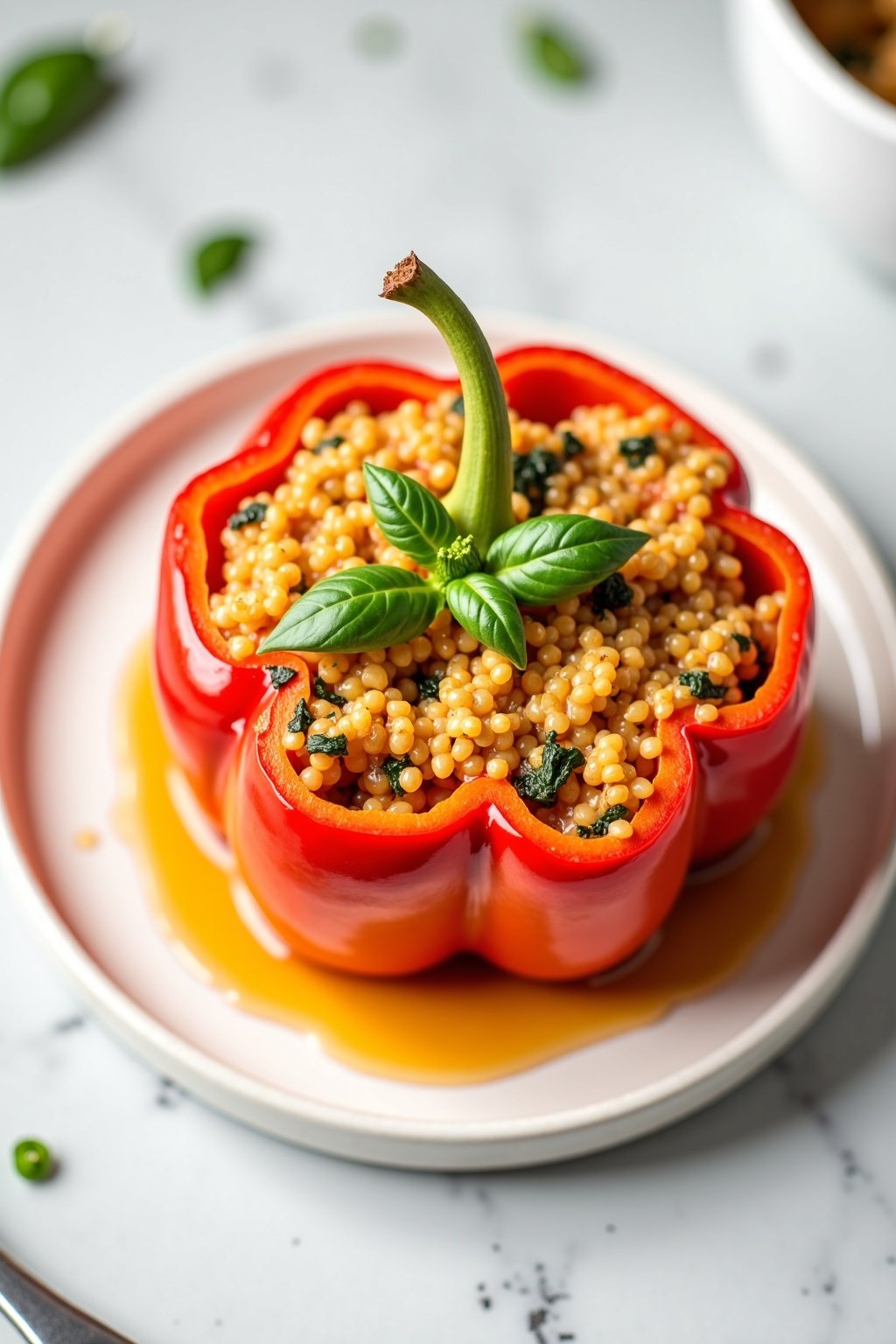 Mediterranean Couscous Stuffed Bell Peppers on a marble surface, bright light