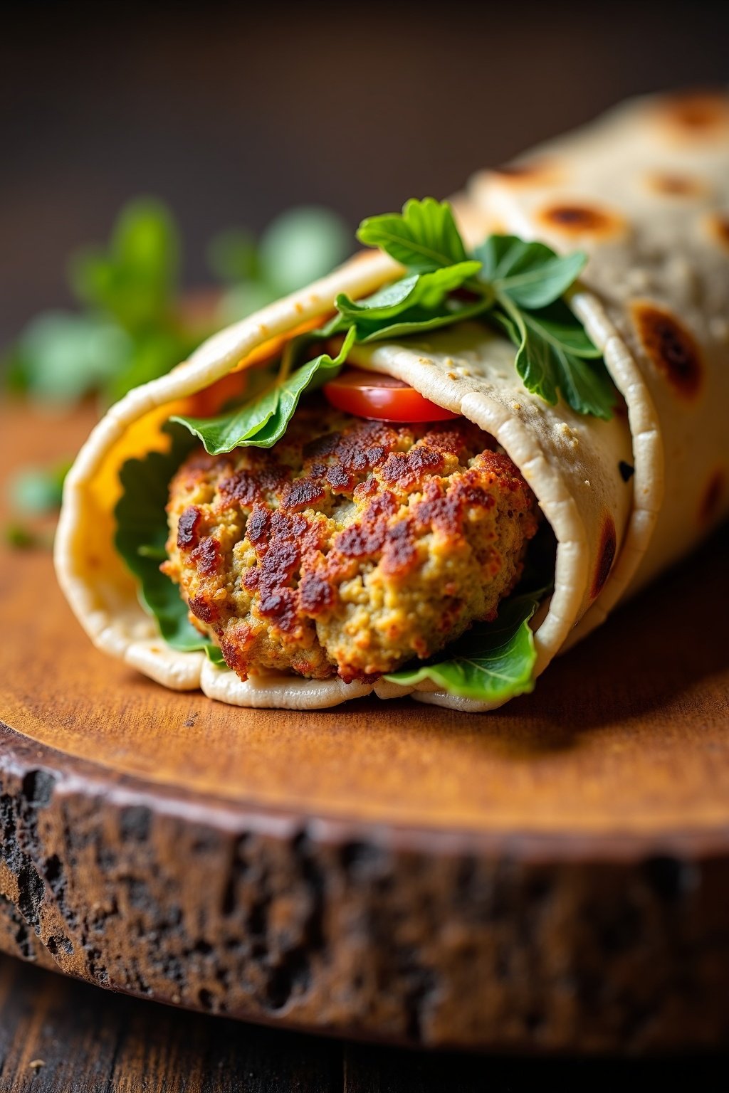 Mediterranean Falafel Wrap with Tahini Sauce cross-section, detailed texture