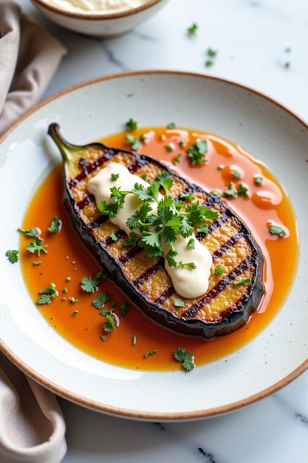 Mediterranean Grilled Eggplant with Tahini Sauce on ceramic dish, vibrant textures