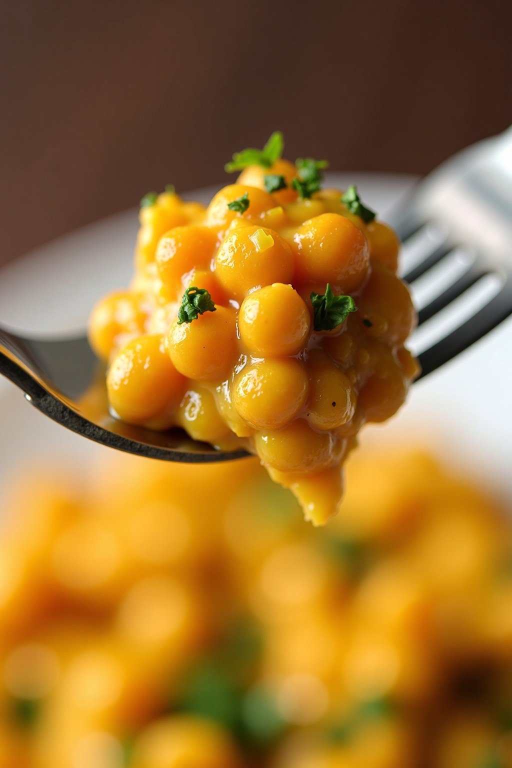 Roasted cauliflower and chickpea curry perfect bite on a fork, glistening sauce and herbs