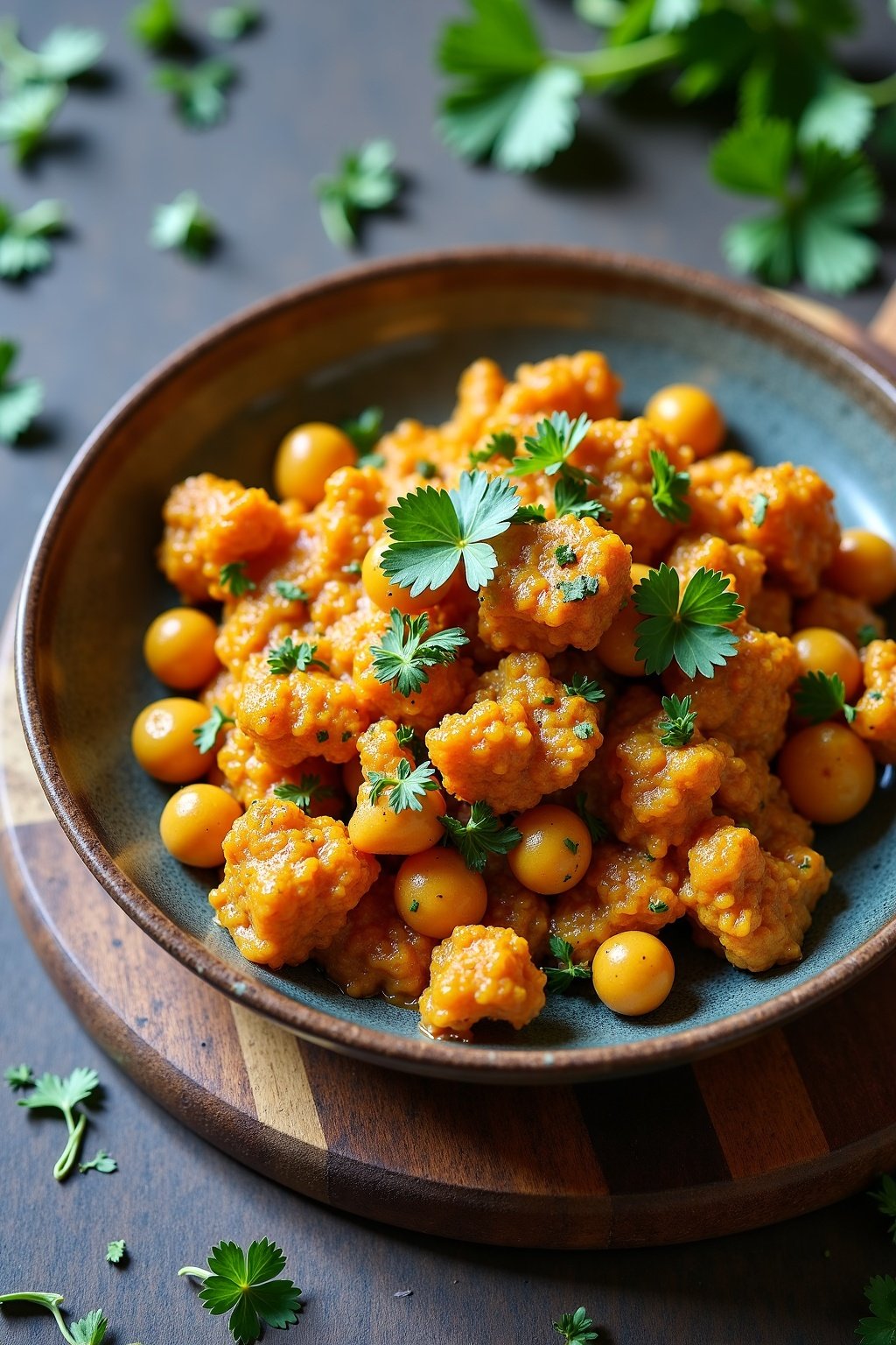 Roasted cauliflower and chickpea curry with fresh herbs on a ceramic plate