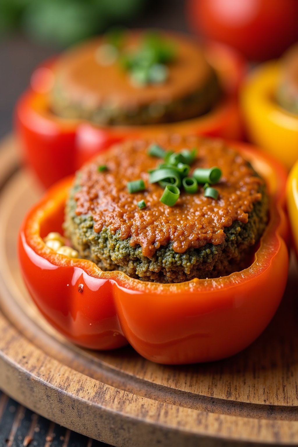 Savory falafel-stuffed bell peppers cross-section showing detailed texture