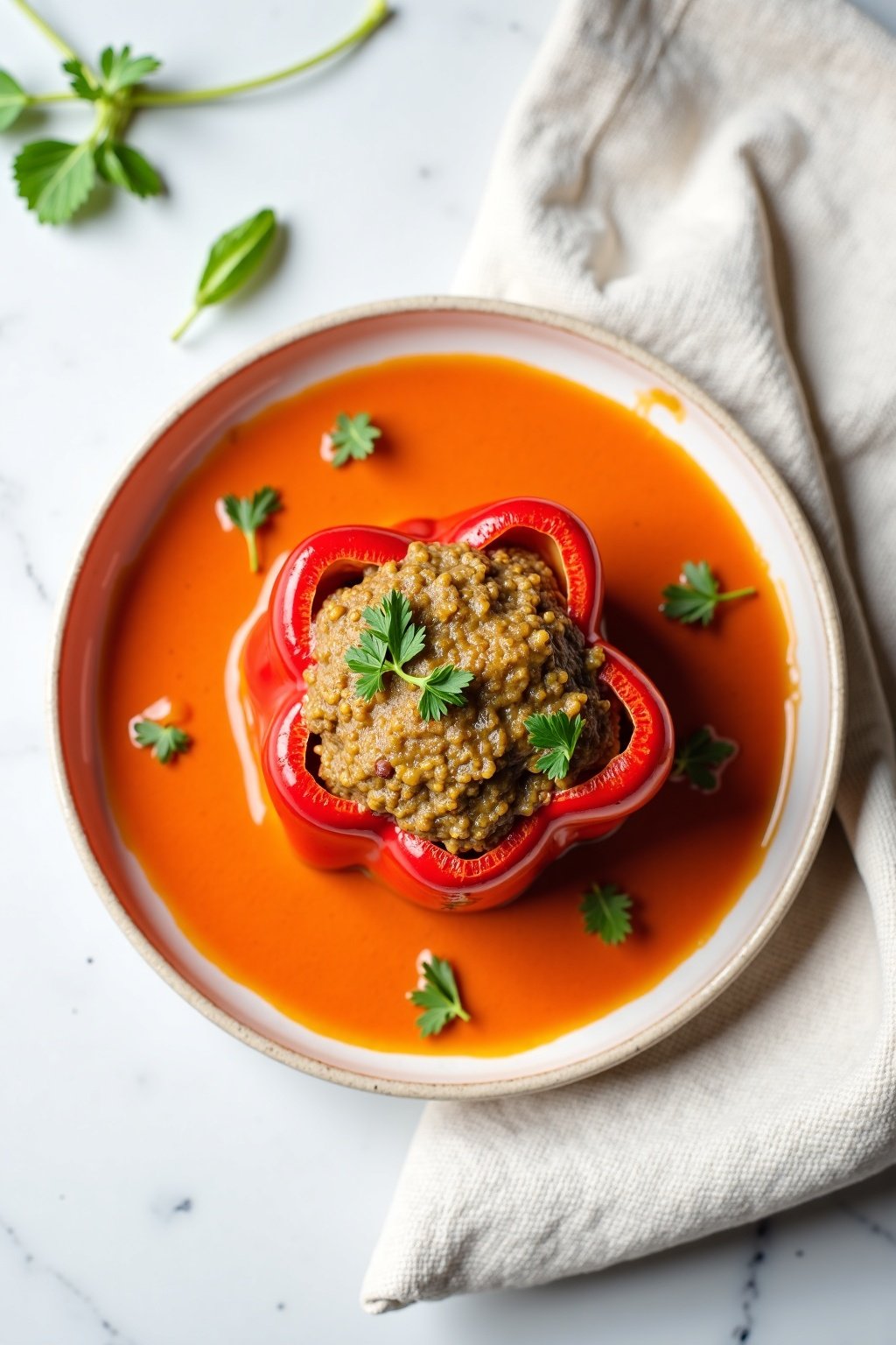 Savory falafel-stuffed bell peppers on ceramic dish with natural lighting