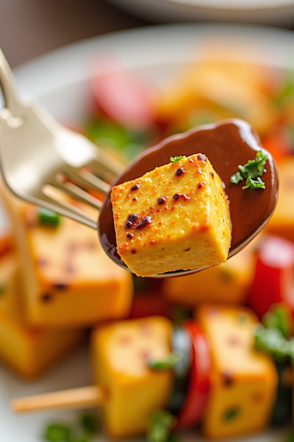 Savory Grilled Tofu and Vegetable Skewers close-up detail, max 125 chars