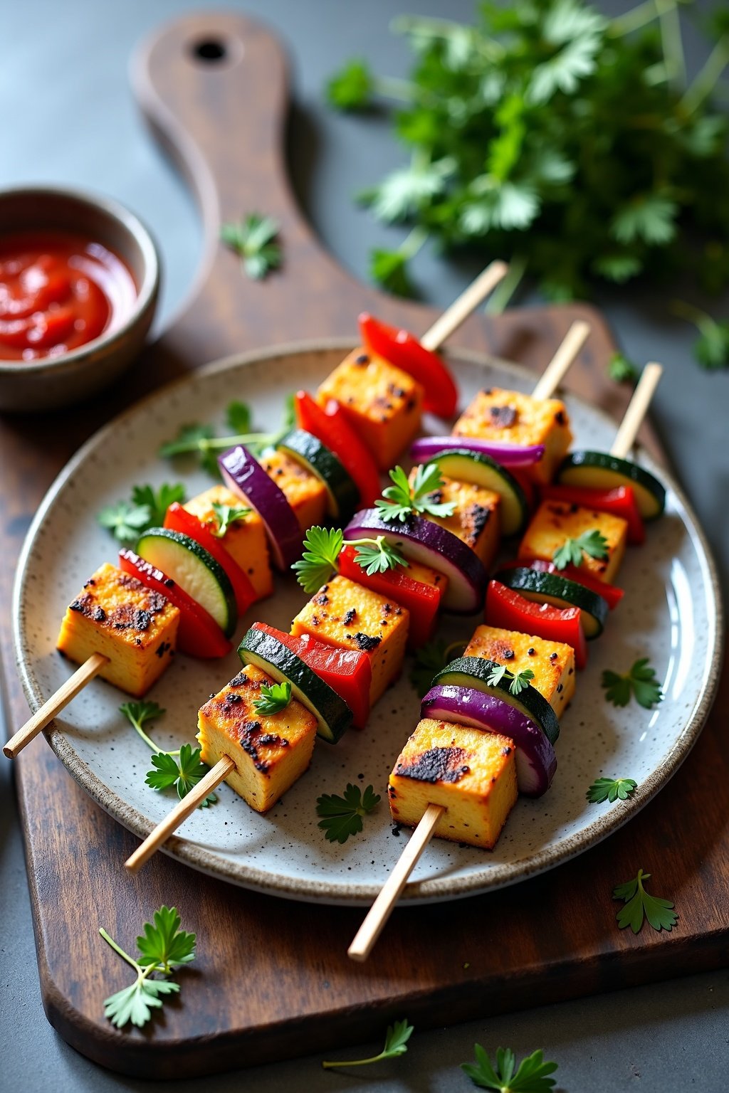Savory Grilled Tofu and Vegetable Skewers on rustic plate with fresh herbs, max 125 chars