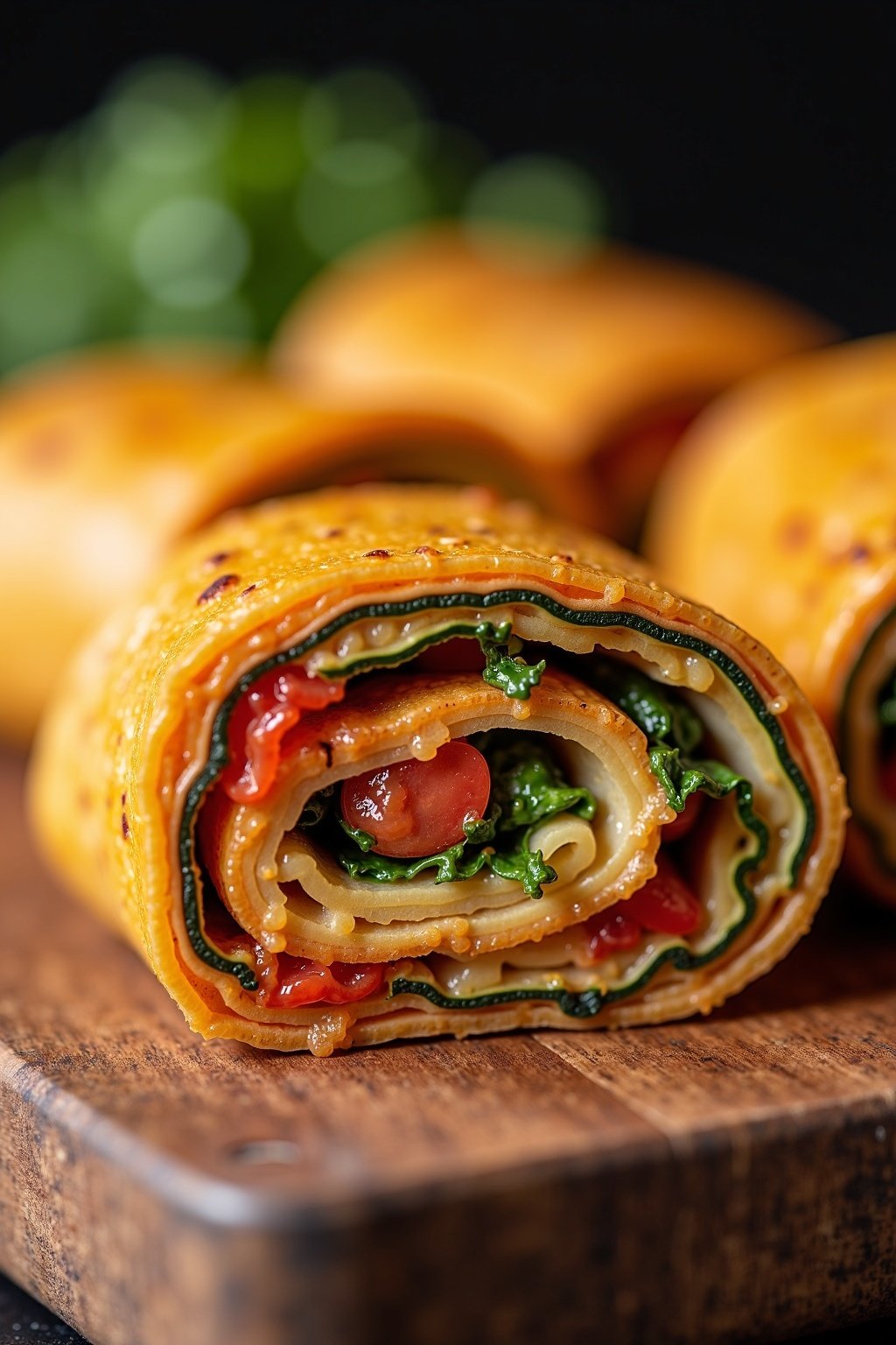 Savory grilled vegetable and bean wrap cross-section with detailed textures