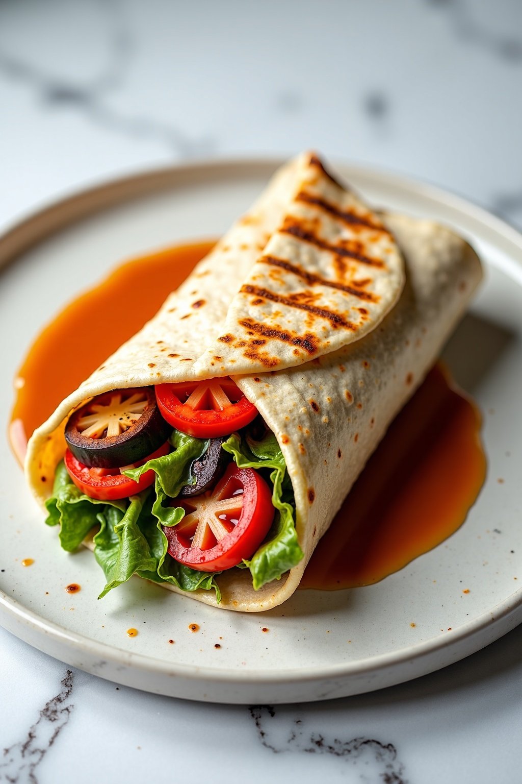 Savory grilled vegetable and bean wrap on ceramic dish, vibrant textures
