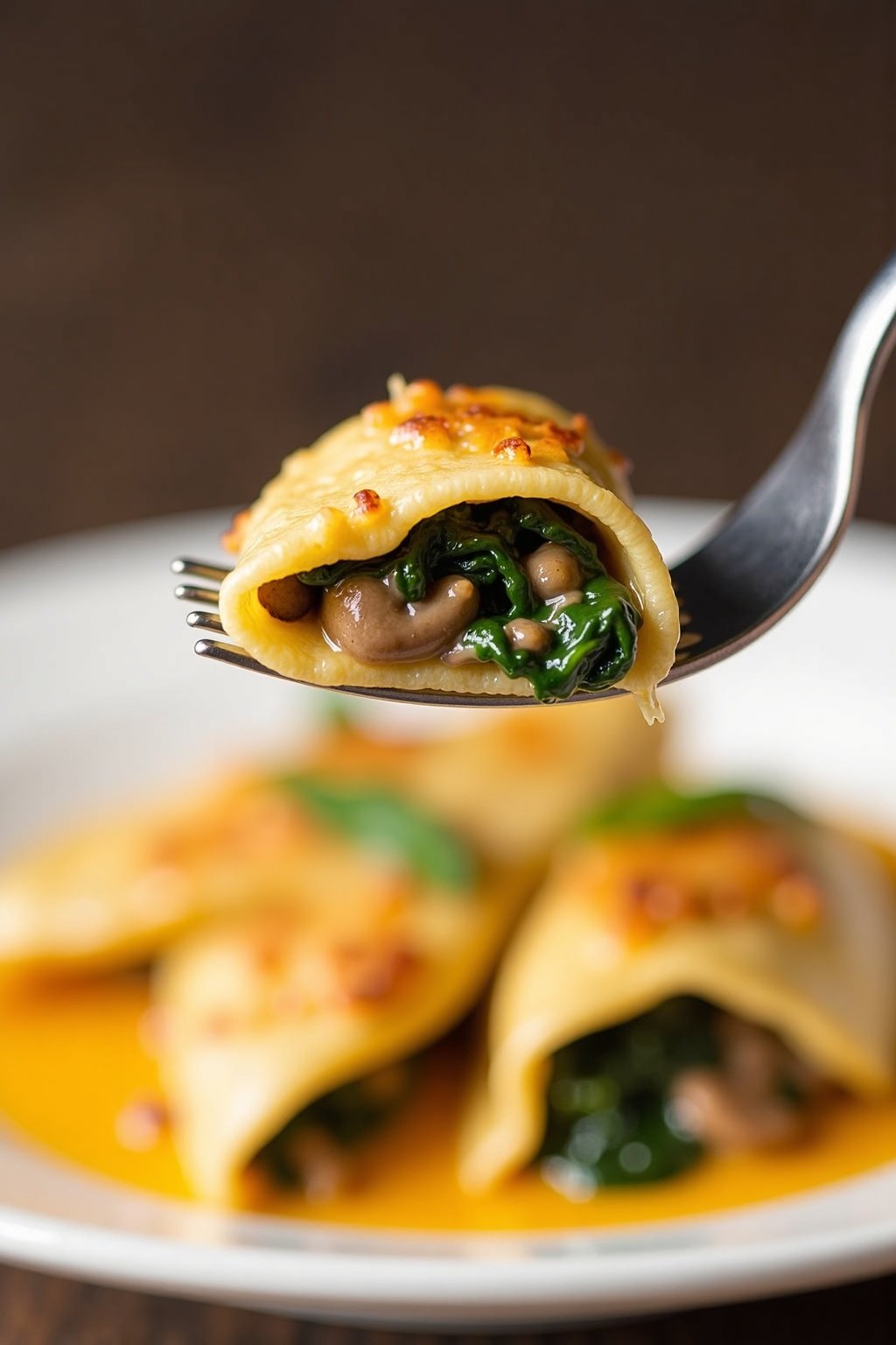 Savory mushroom and spinach crepes perfect bite on a fork, max 125 chars