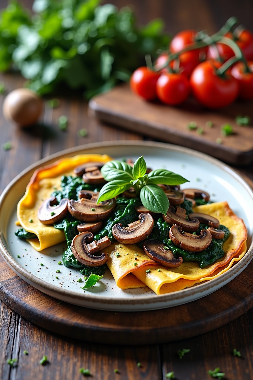 Savory mushroom and spinach crepes on rustic plate with herbs, max 125 chars