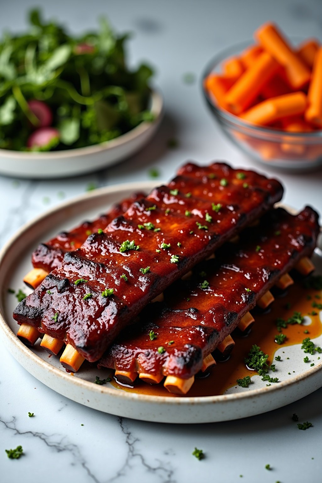 Smoky Chipotle BBQ Ribs on a white marble surface, bright daylight