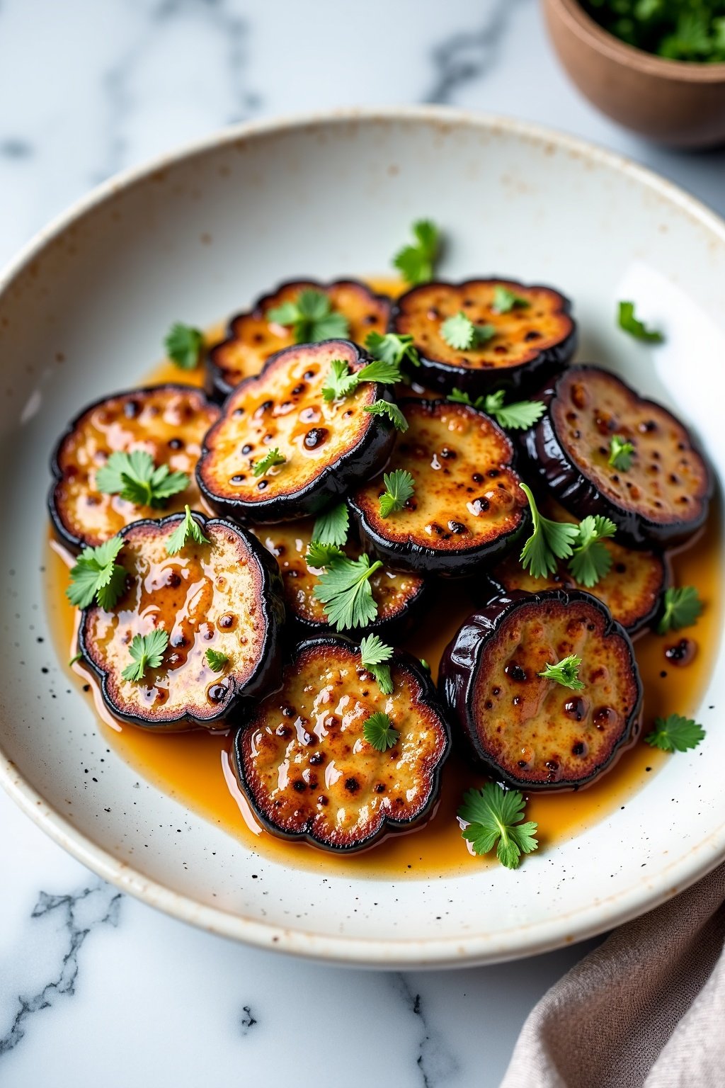 Smoky Grilled Eggplant with Tahini Drizzle on ceramic dish, overhead view