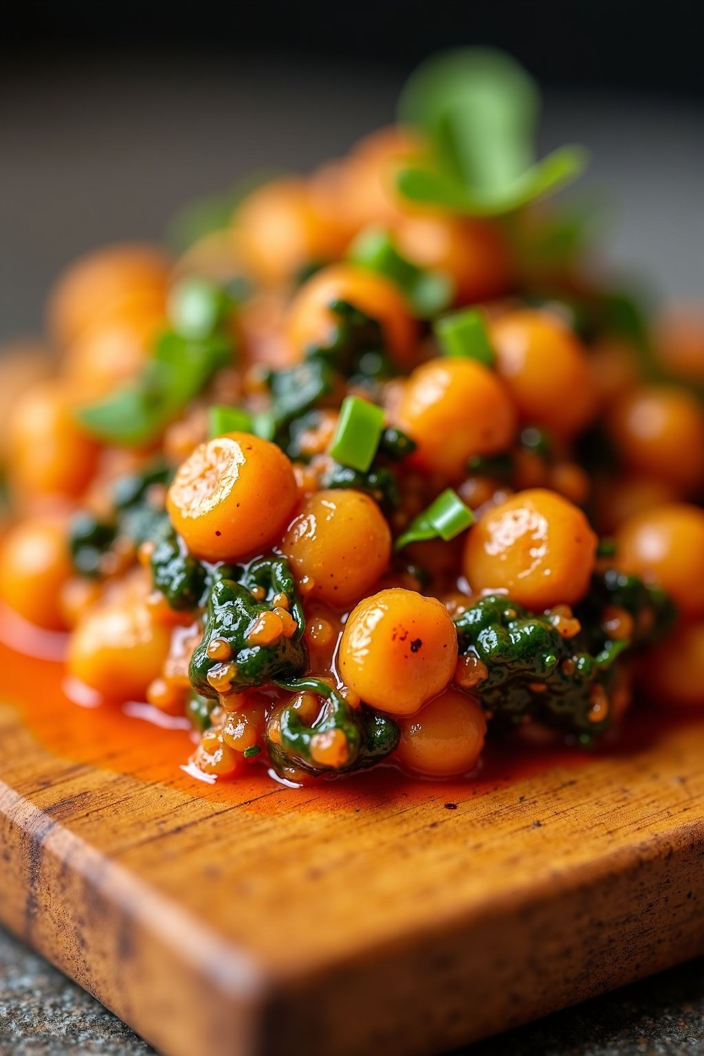 Spicy chickpea and spinach stew cross-section showing detailed texture
