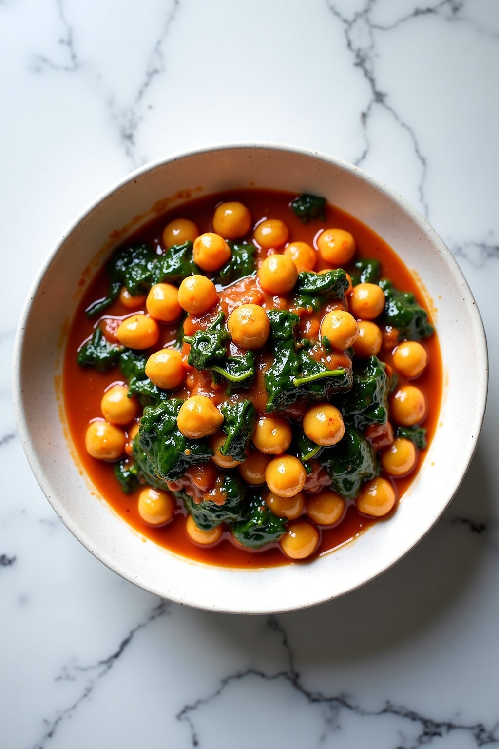 Spicy chickpea and spinach stew beautifully presented on a ceramic dish