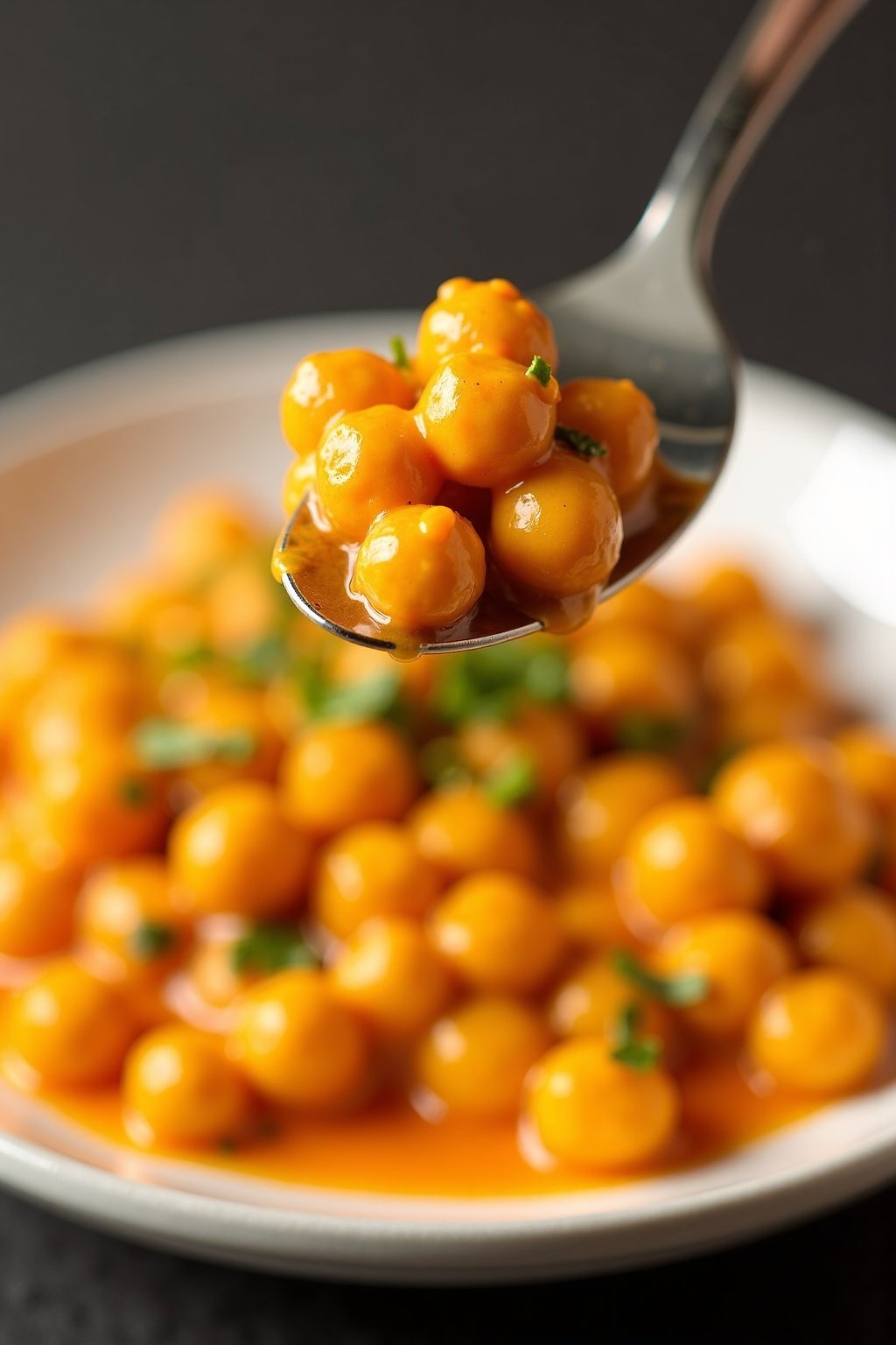 Spicy chickpea curry with coconut milk perfect bite on a fork