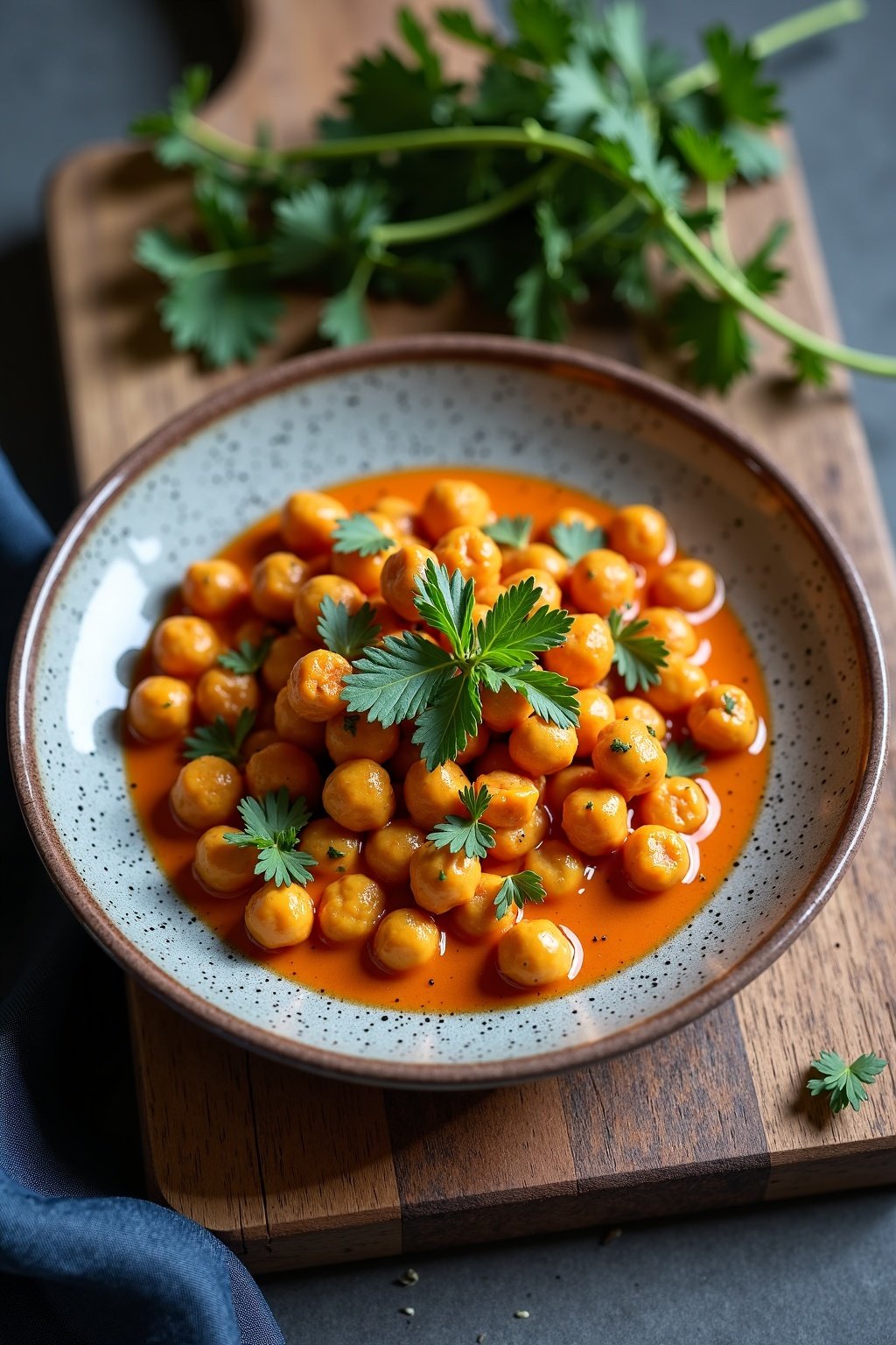 Spicy chickpea curry with coconut milk served in a rustic bowl with herbs