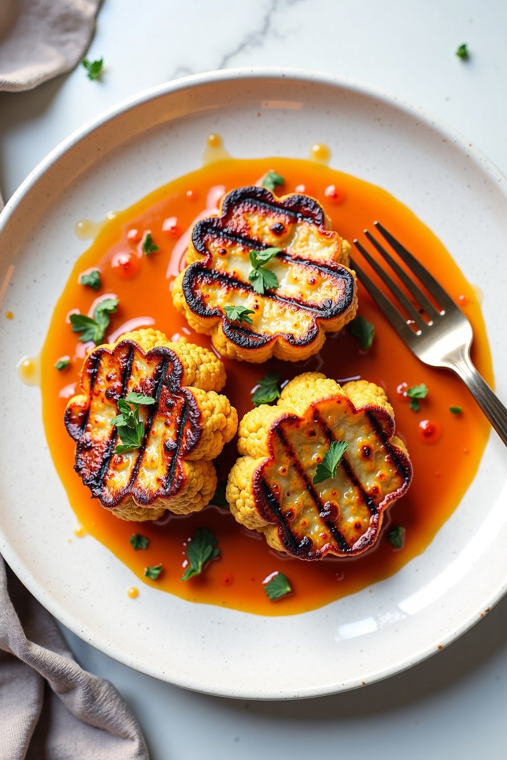 Spicy Grilled Cauliflower Steaks on ceramic dish with vibrant textures
