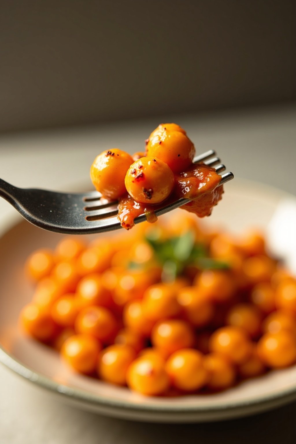 Spicy roasted chickpeas with cumin and paprika perfect bite on a fork, max 125 chars