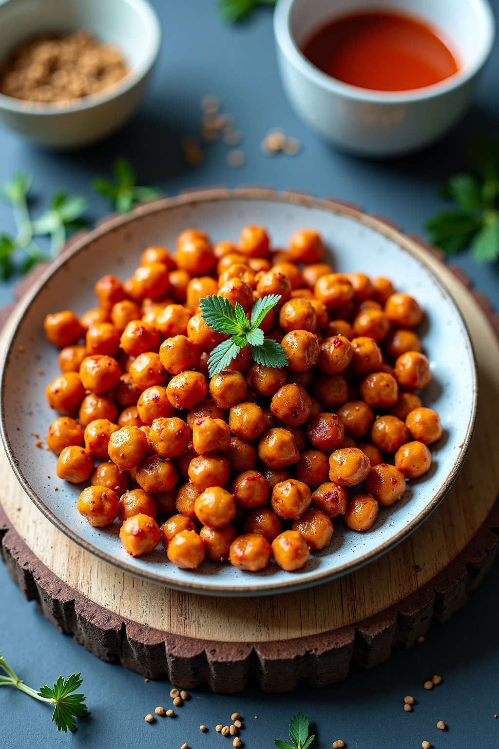 Spicy roasted chickpeas with cumin and paprika on rustic plate, max 125 chars