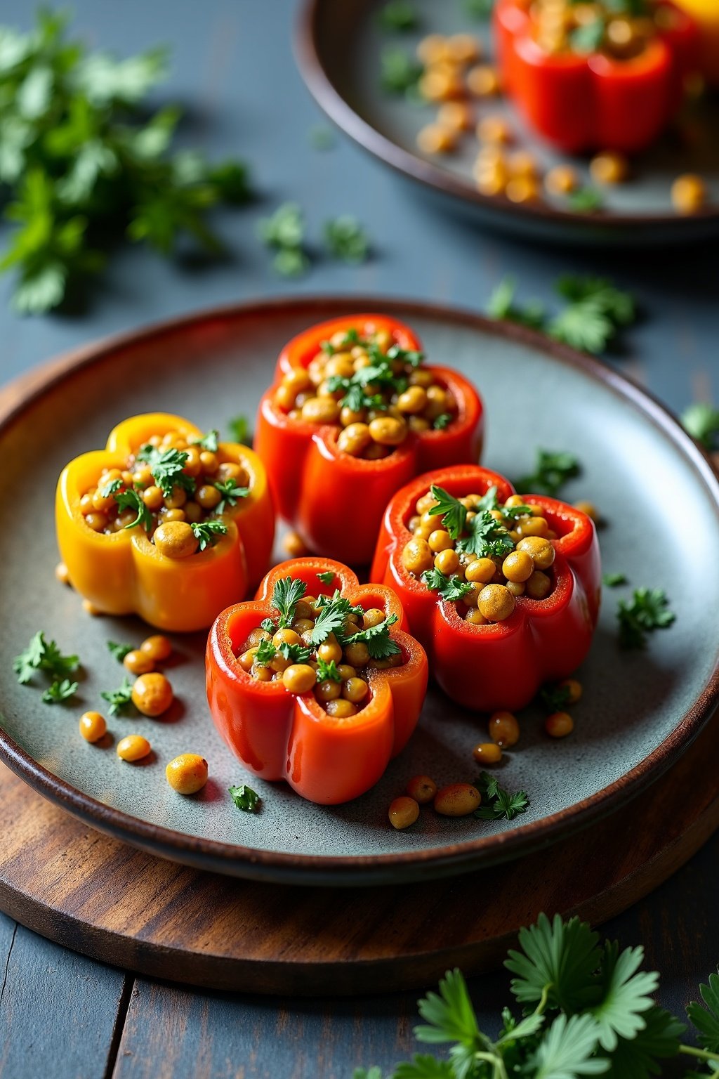 Stuffed Bell Peppers with Lentils and Turmeric on rustic plate, max 125 chars
