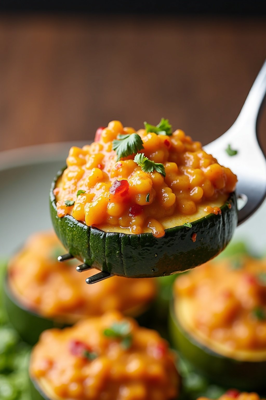 Stuffed zucchini boats with quinoa and herbs perfect bite on a fork
