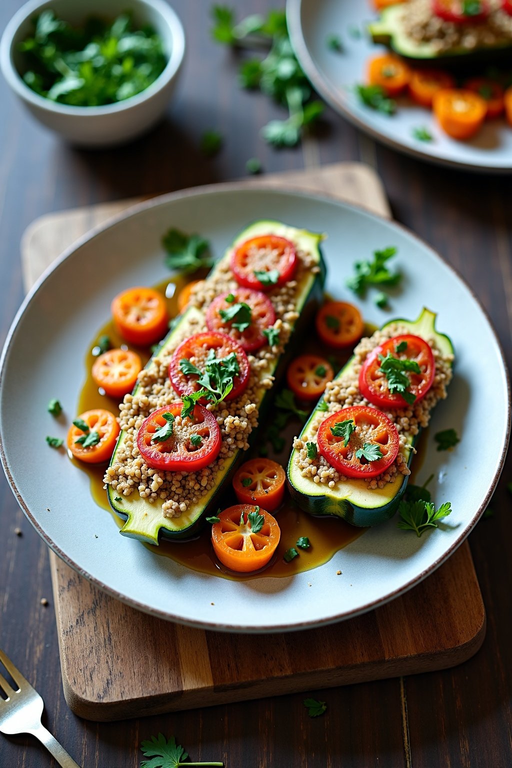 Stuffed zucchini boats with quinoa and herbs on rustic plate, fresh herbs