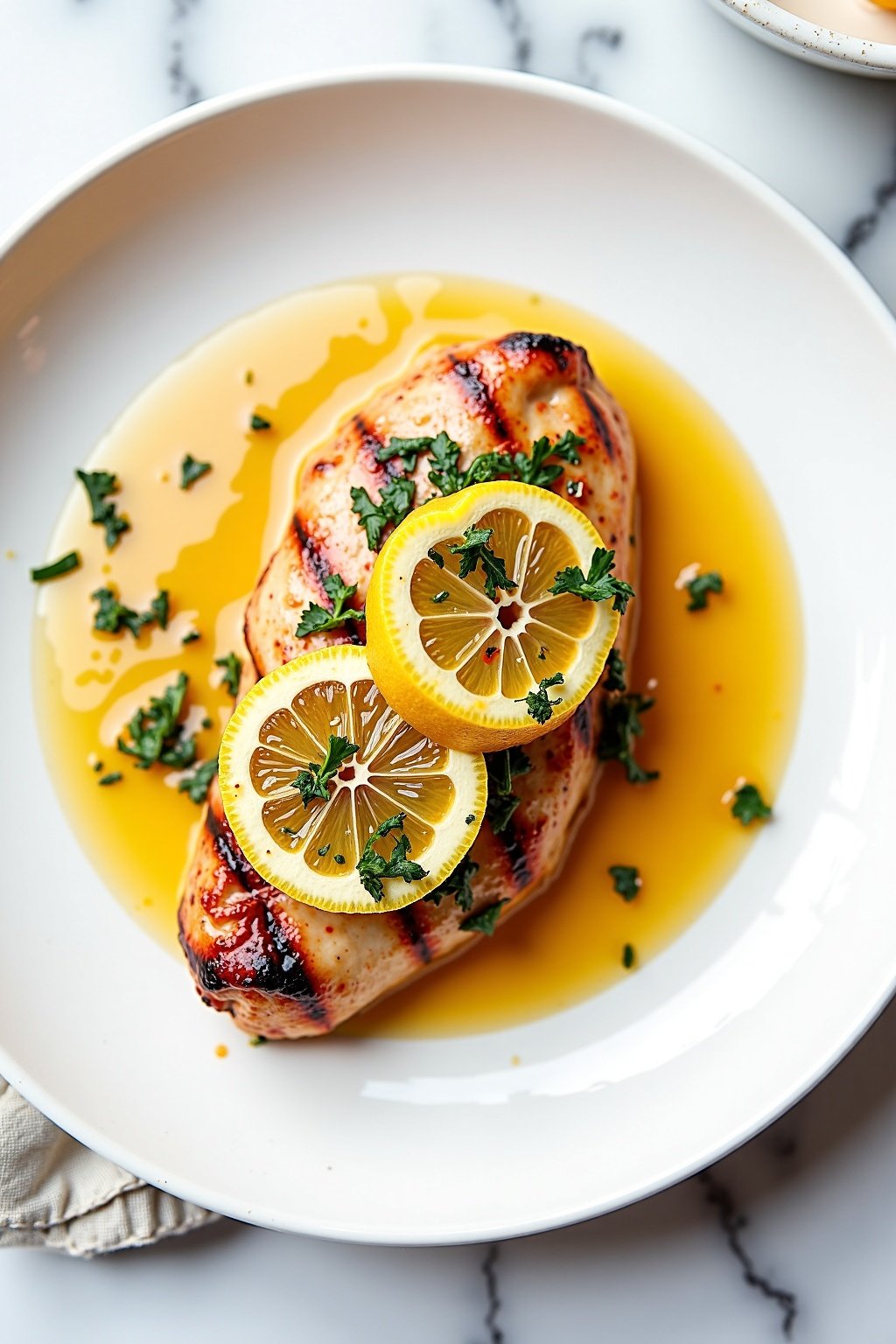Tangy Grilled Lemon Herb Chicken Breast on ceramic dish, overhead view