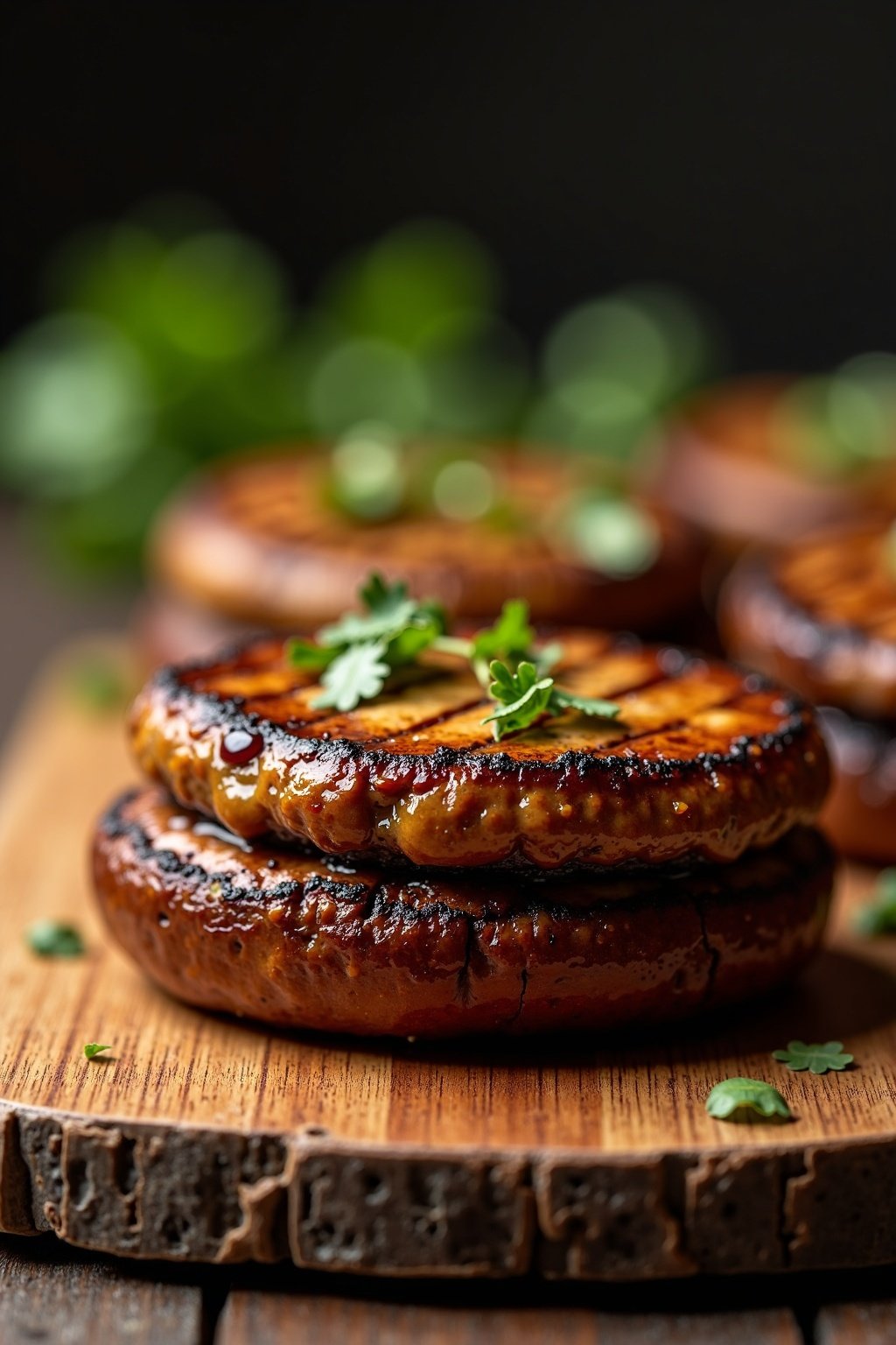 Vegan Grilled Portobello Mushroom Burgers cross-section with detailed texture