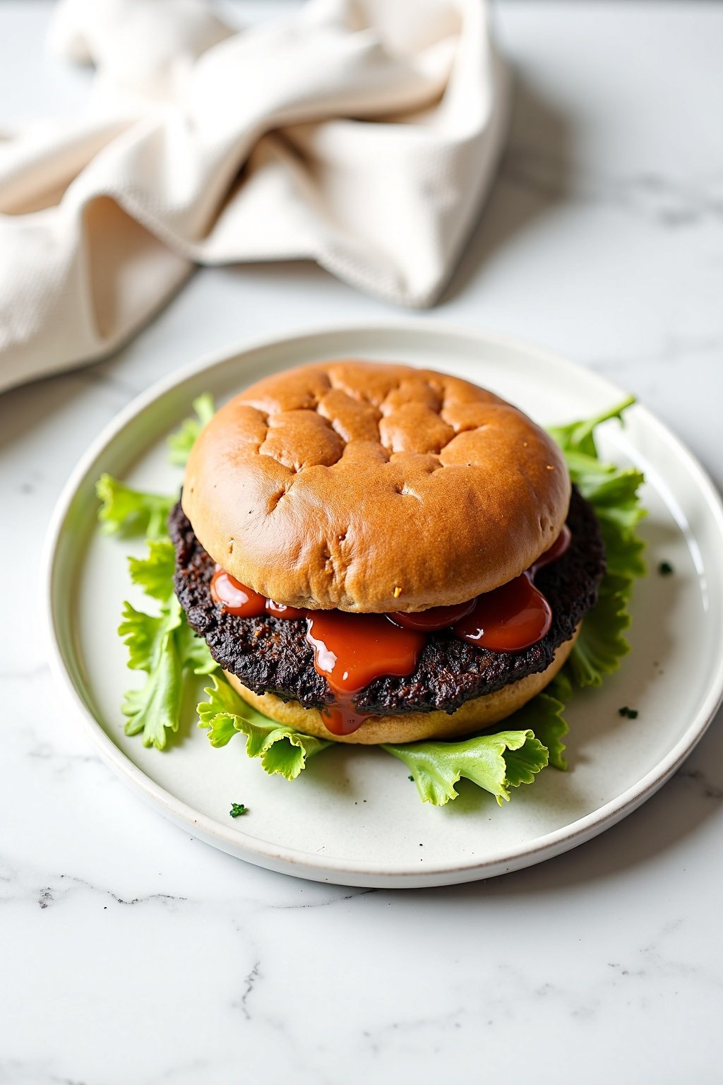 Vegan Grilled Portobello Mushroom Burgers on ceramic dish, vibrant textures