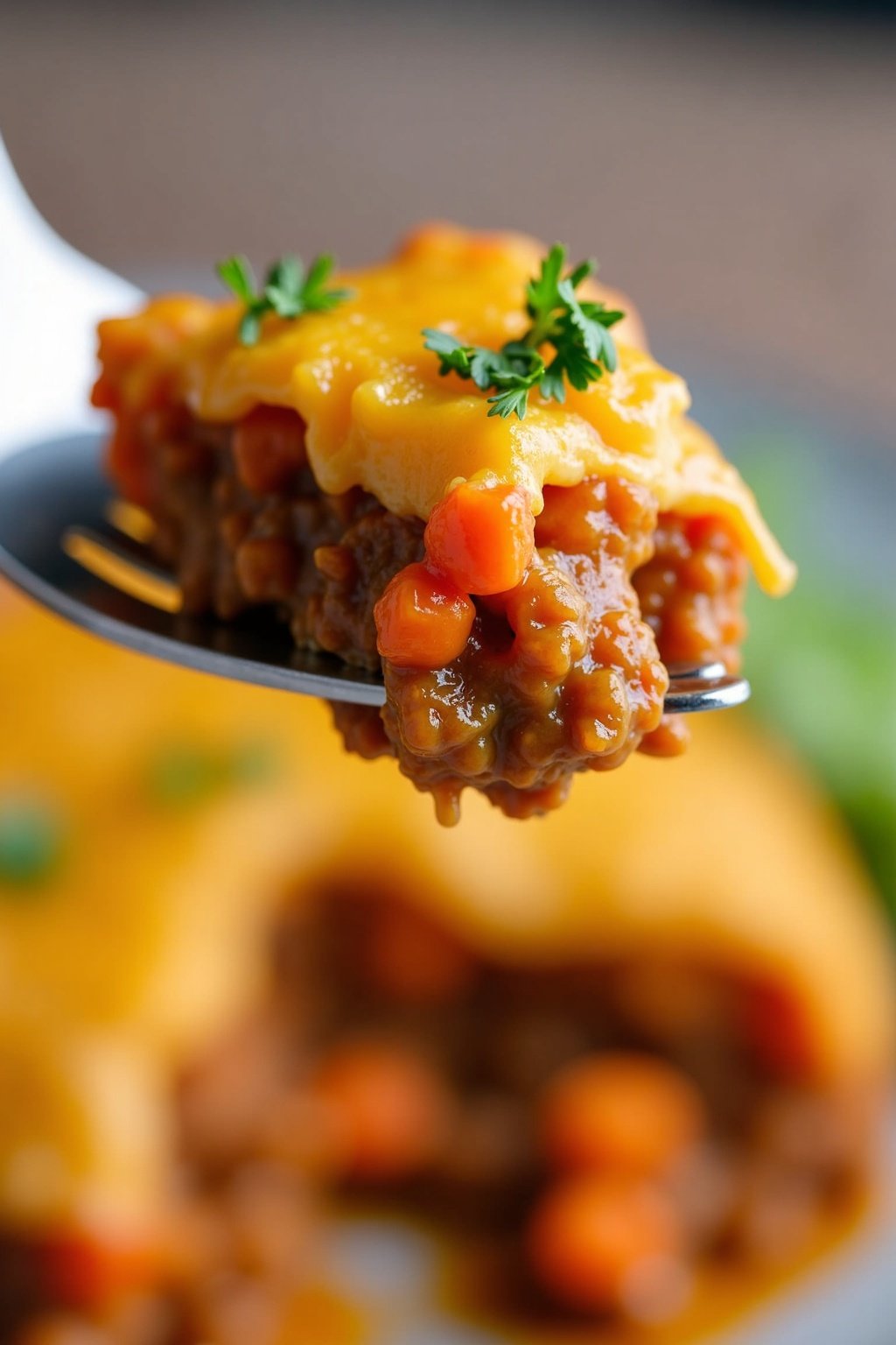 Vegan Lentil and Sweet Potato Shepherd's Pie perfect bite on a fork