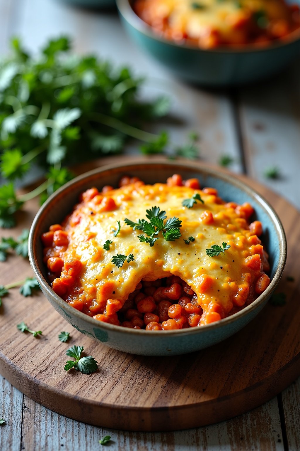 Vegan Lentil and Sweet Potato Shepherd's Pie on rustic plate, herbs nearby
