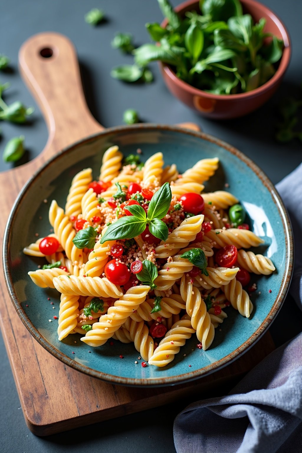 Vegan Pasta salad on rustic ceramic plate with fresh herbs