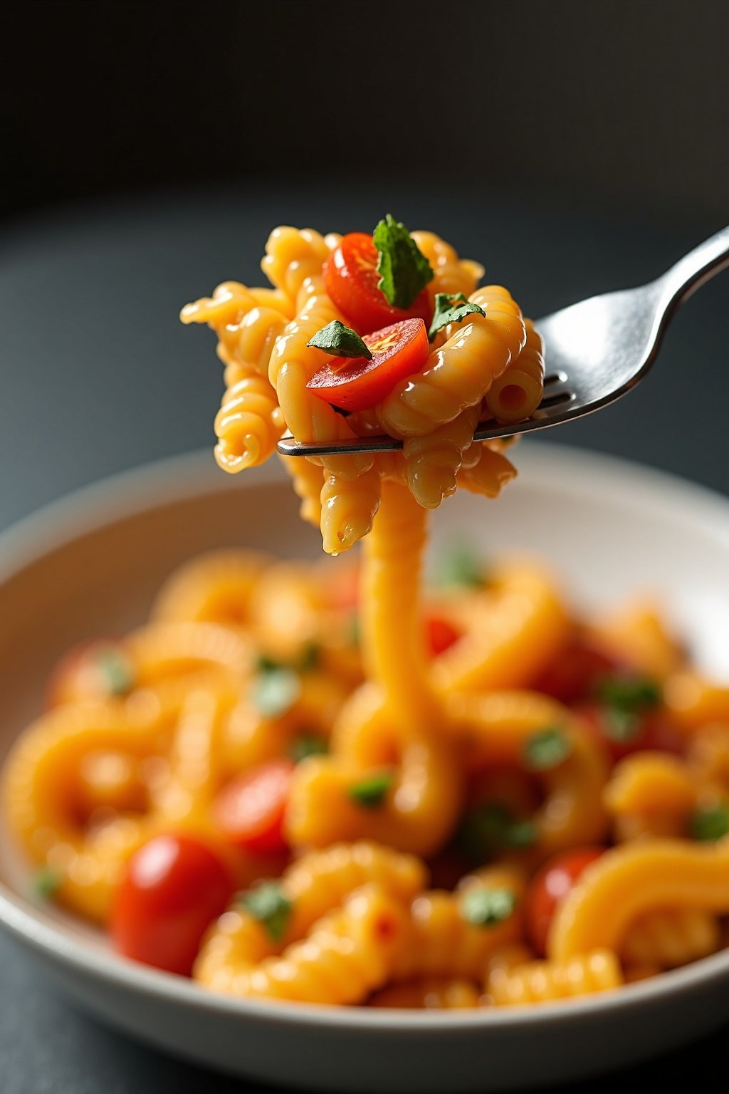 Vegan Pasta salad perfect bite on a fork, vibrant close-up