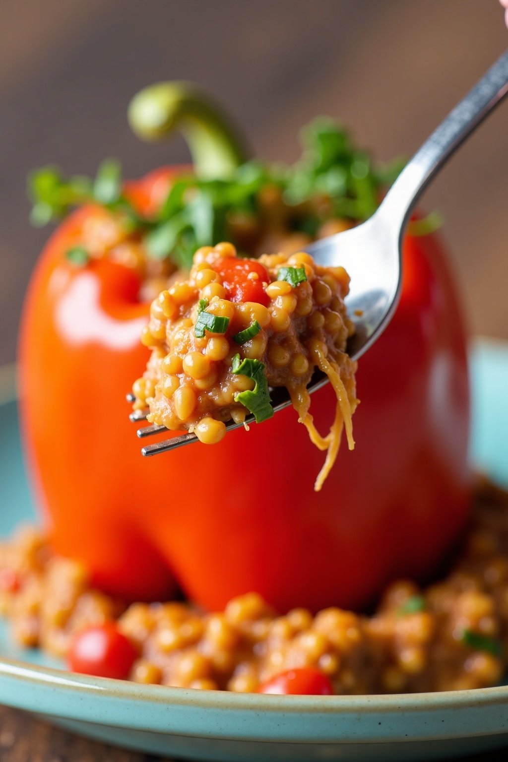 Vegan stuffed bell peppers with lentils and vegetables close-up detail, max 125 chars