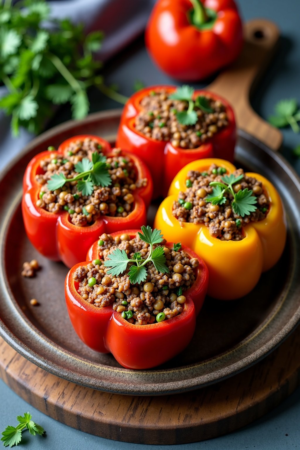 Vegan stuffed bell peppers with lentils and vegetables on rustic plate, max 125 chars