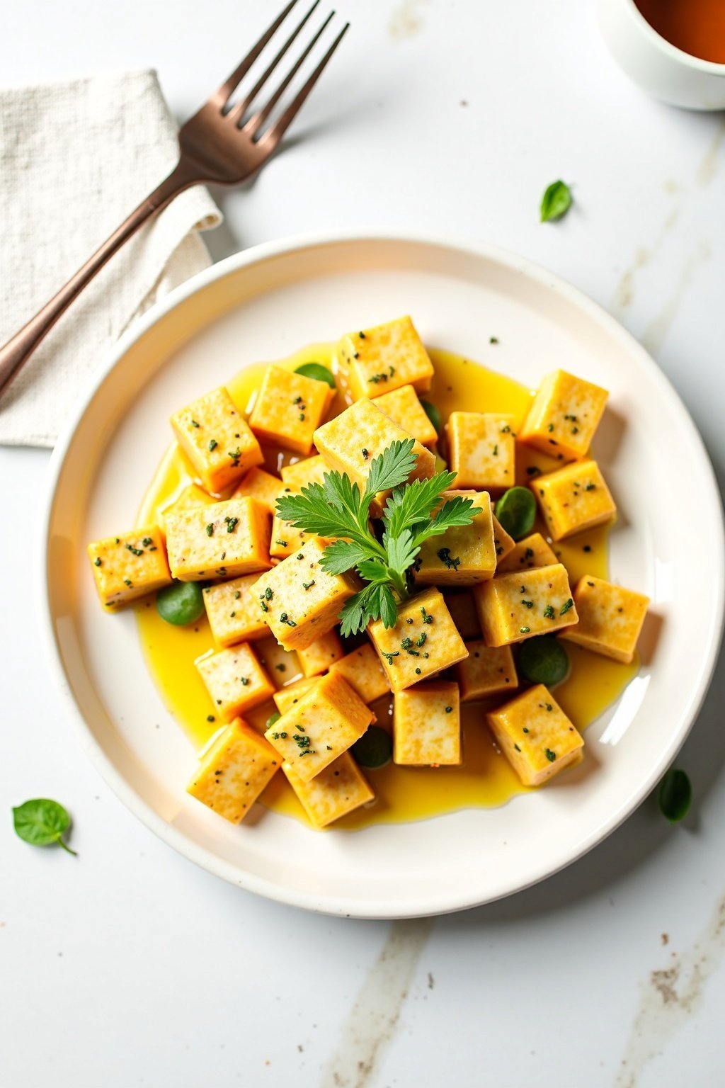 Zesty Lemon Herb Grilled Tofu Salad on ceramic dish, vibrant textures