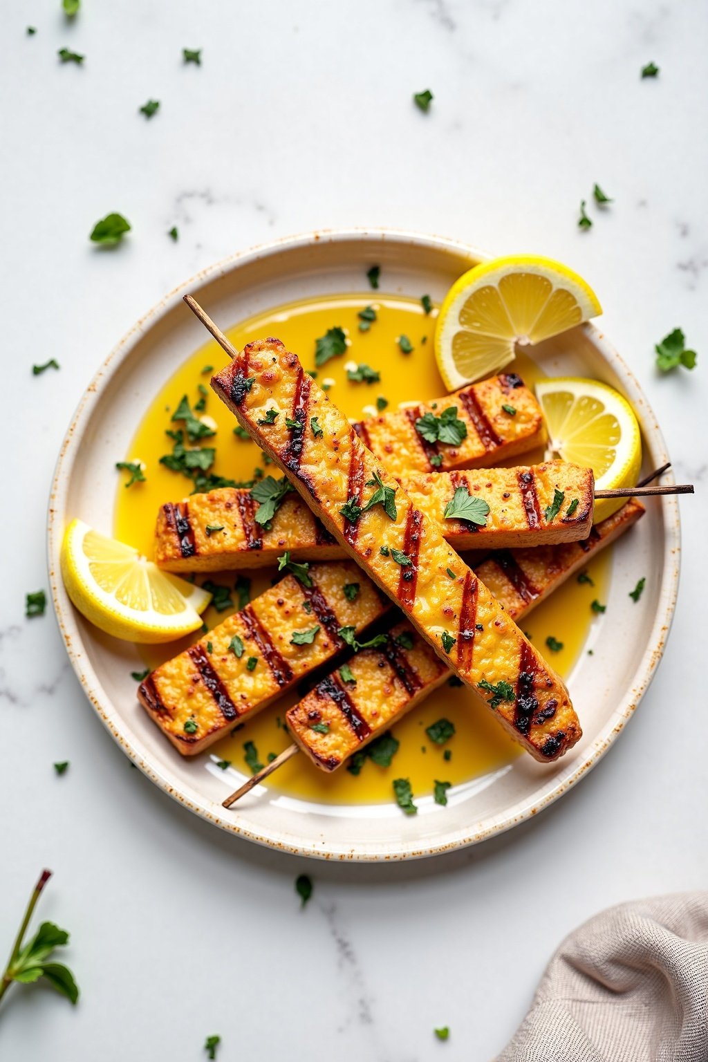 Zesty Lemon Herb Grilled Tofu Skewers on ceramic dish, vibrant textures