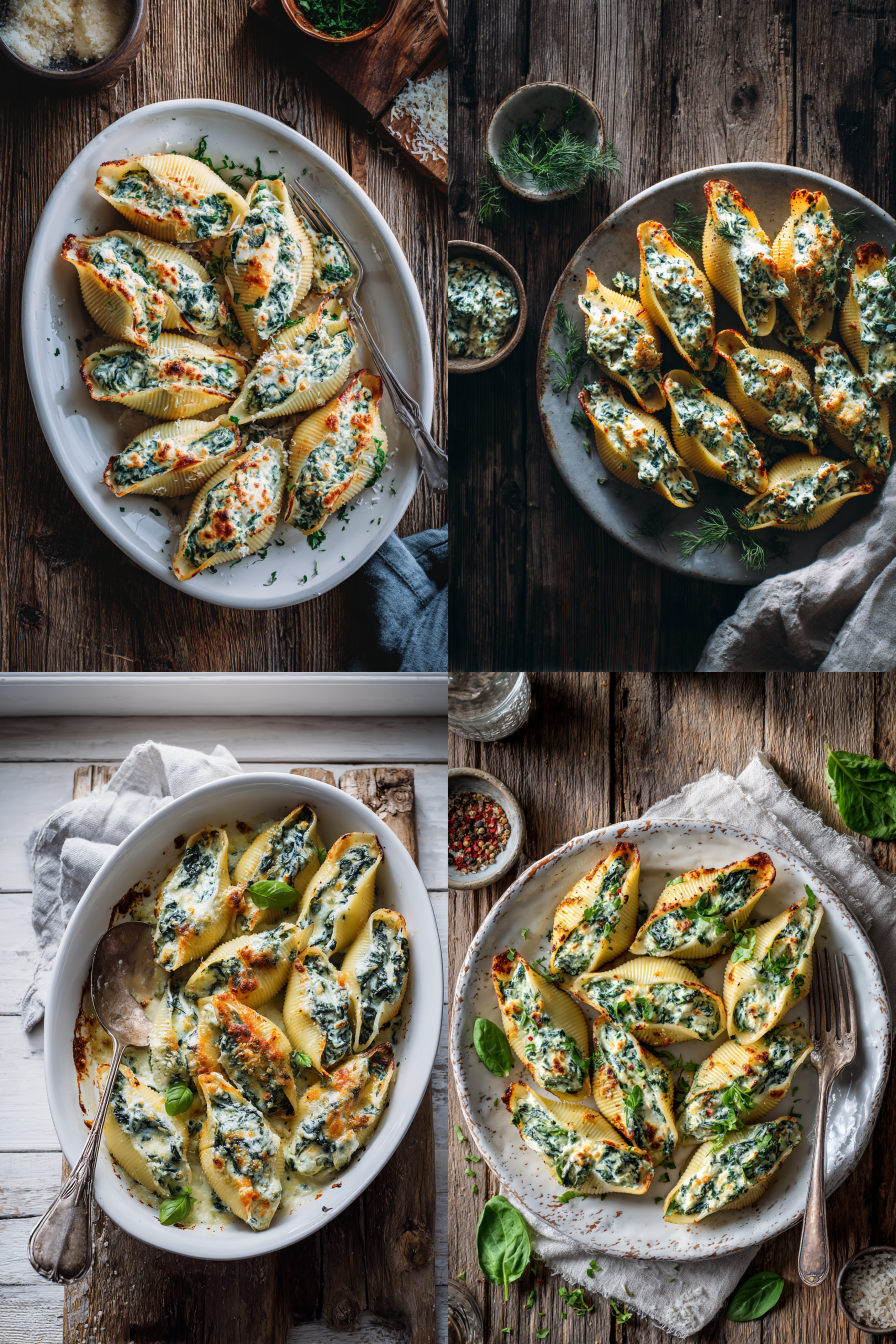 Baked spinach ricotta stuffed shells with tomato sauce.