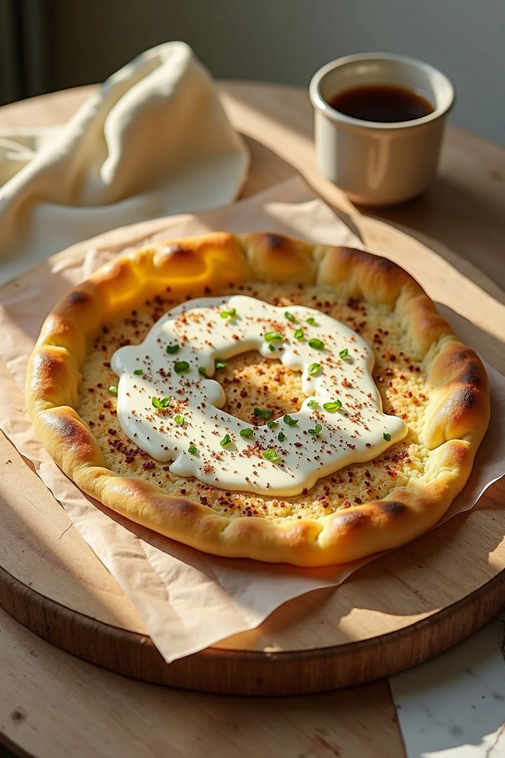 Crispy za'atar flatbread with creamy labneh and olive oil