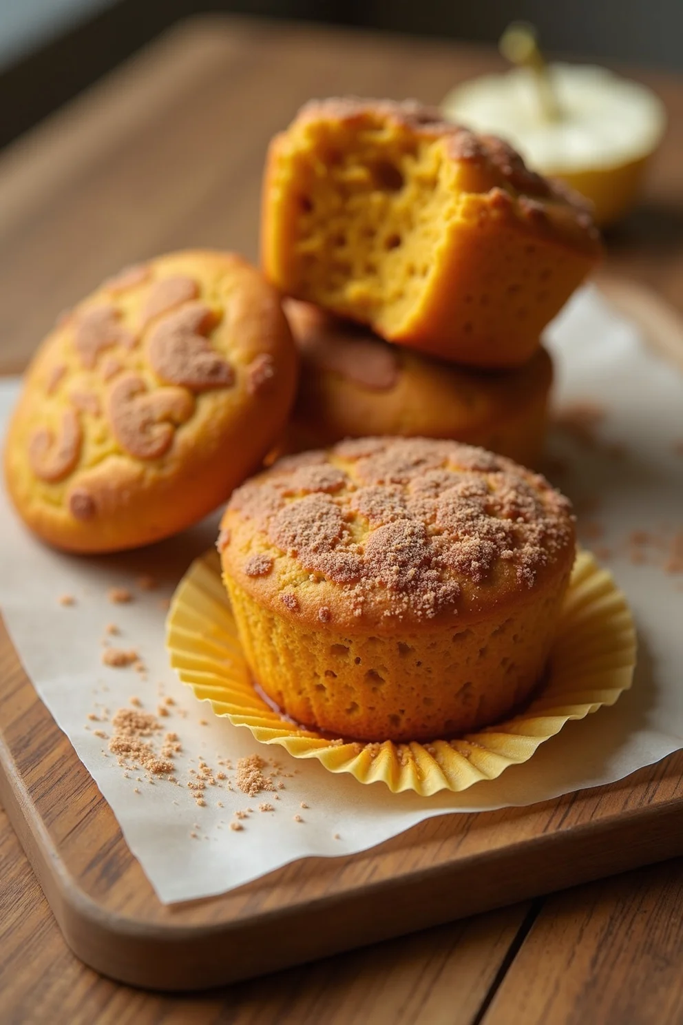 Golden pumpkin muffin topped with cinnamon sugar, warm autumn treat.