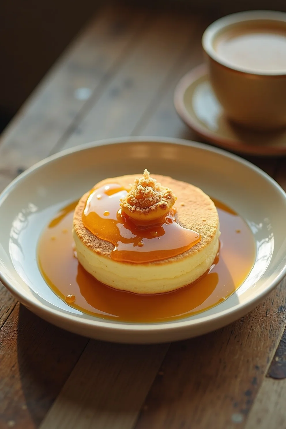 Fluffy golden Japanese soufflé pancakes with fresh berries and syrup.