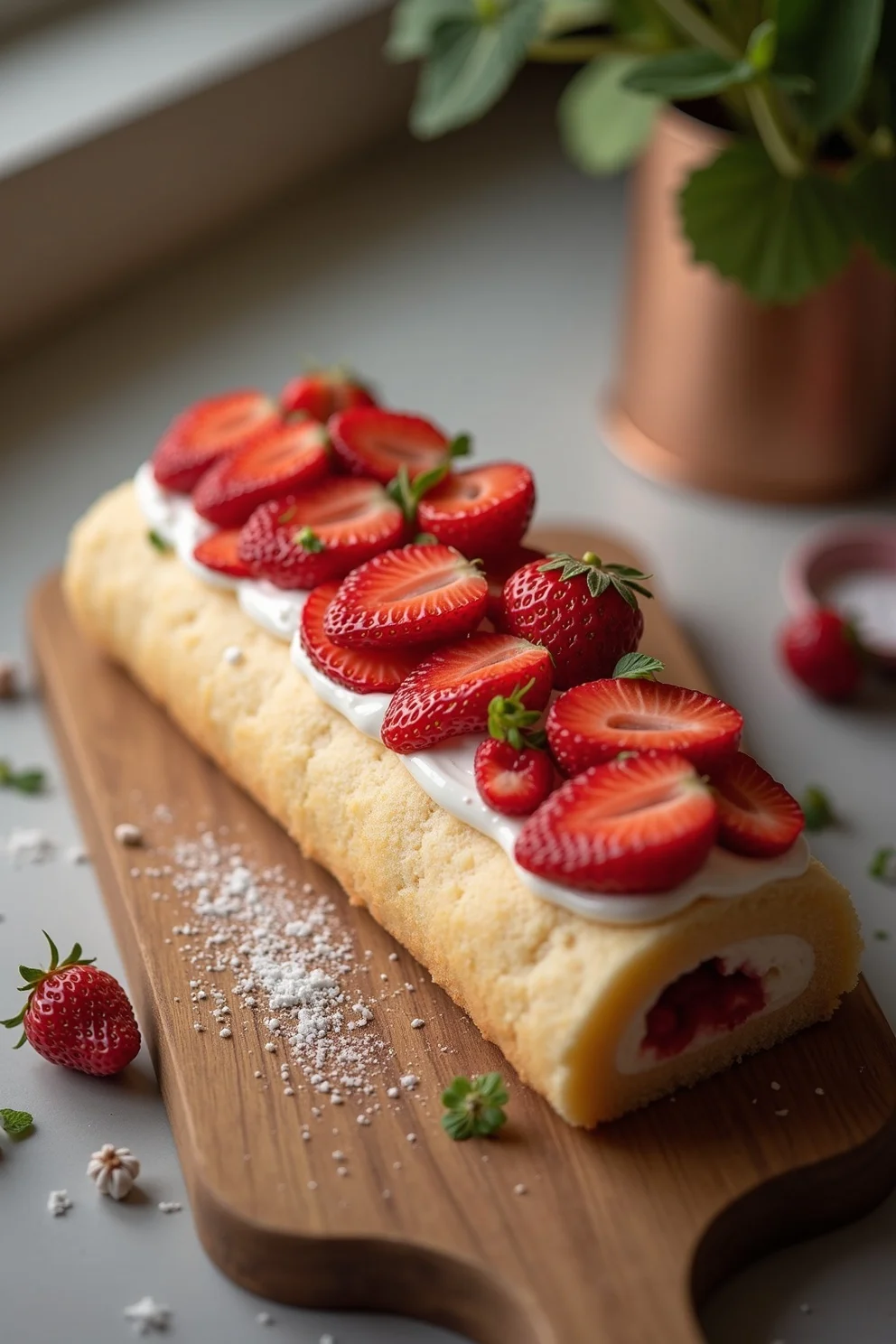 Swirled strawberry cheesecake roll with fresh berries and cream.