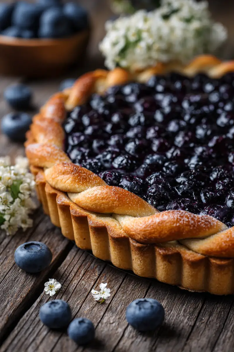 Fresh blueberries and pastry dough for Alsatian Blueberry Tart preparation.