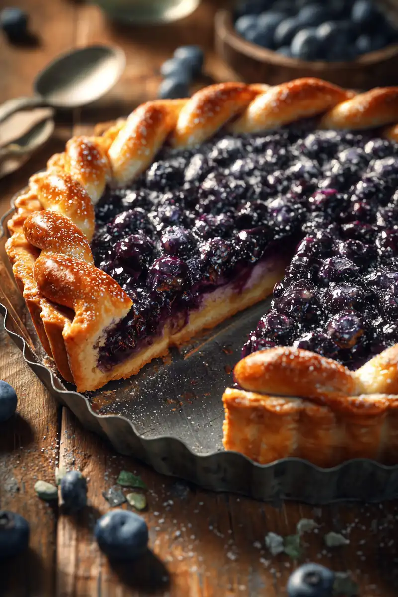 Alsatian Blueberry Tart (Tarte aux Myrtilles) with fresh blueberries and golden crust.