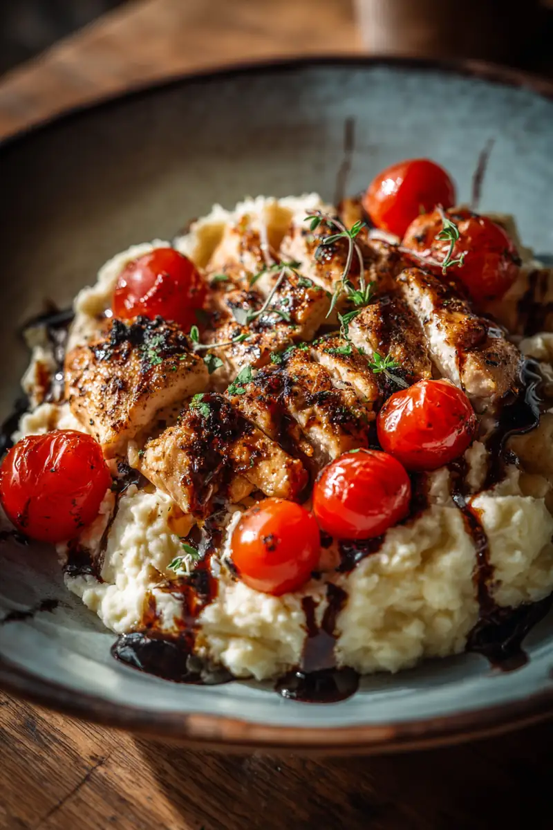 Preparing Balsamic Grilled Chicken with fresh herbs and creamy mashed potatoes.