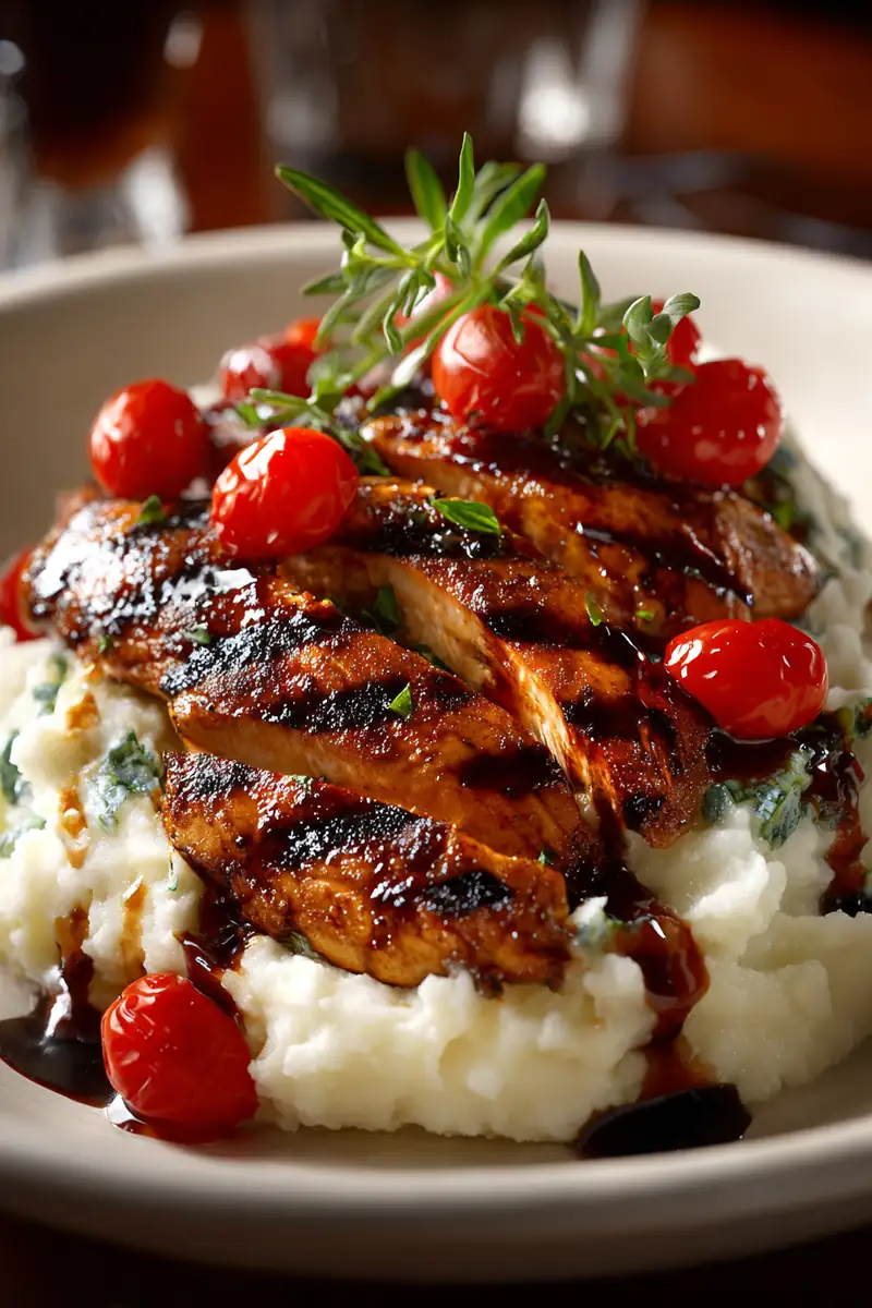 Balsamic Grilled Chicken with Herbed Mashed, garnished with fresh herbs.