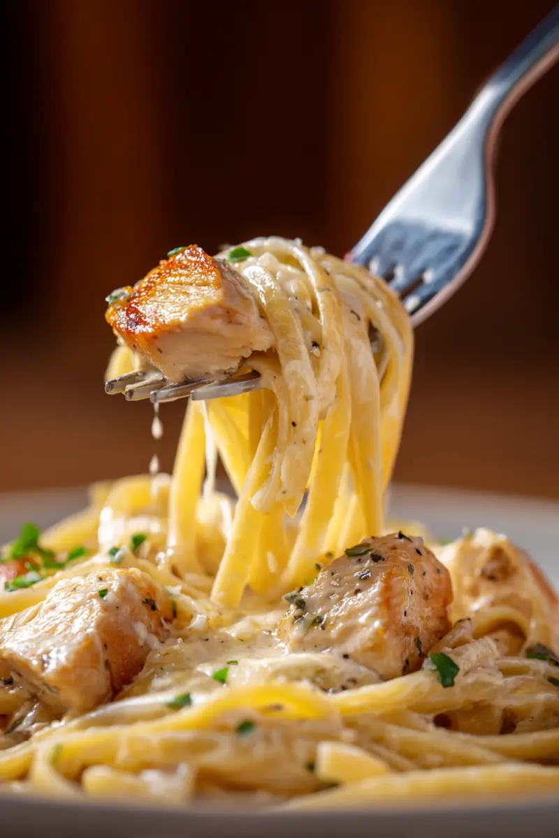 Fresh chicken, creamy Alfredo sauce, fettuccine, and aromatic herbs preparation.