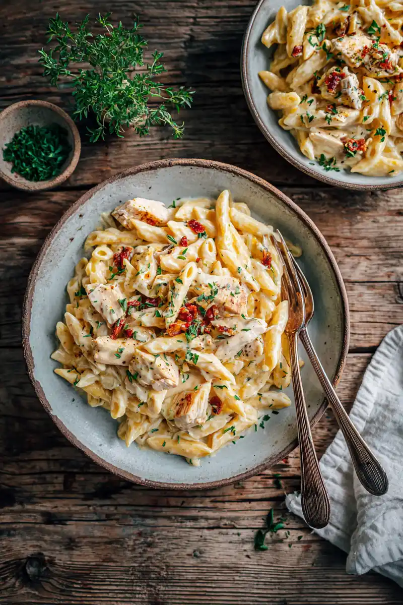 Creamy Chicken Alfredo Pasta garnished with parsley and Parmesan cheese.
