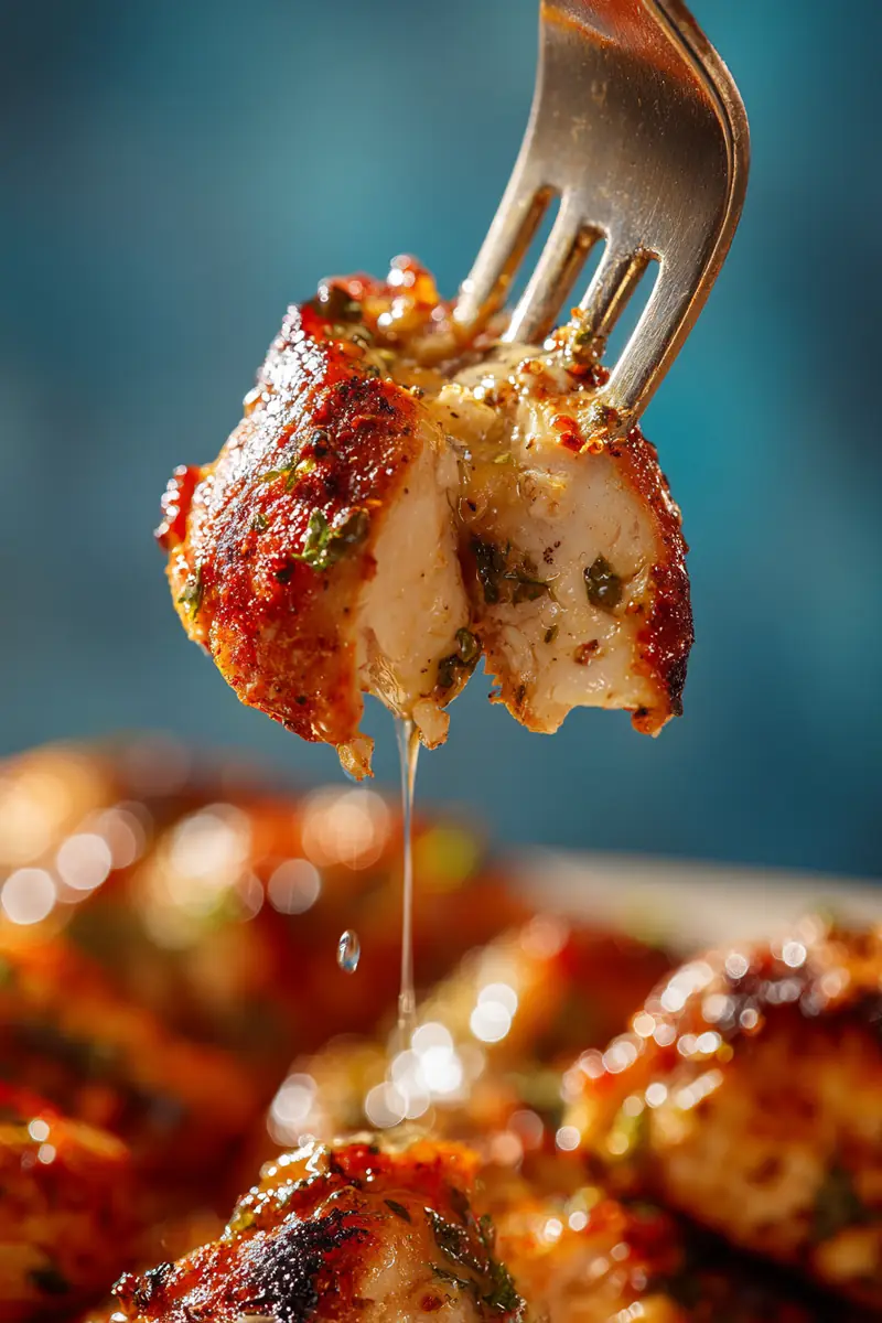 Marinated chicken slices with spices and garlic for shawarma preparation.